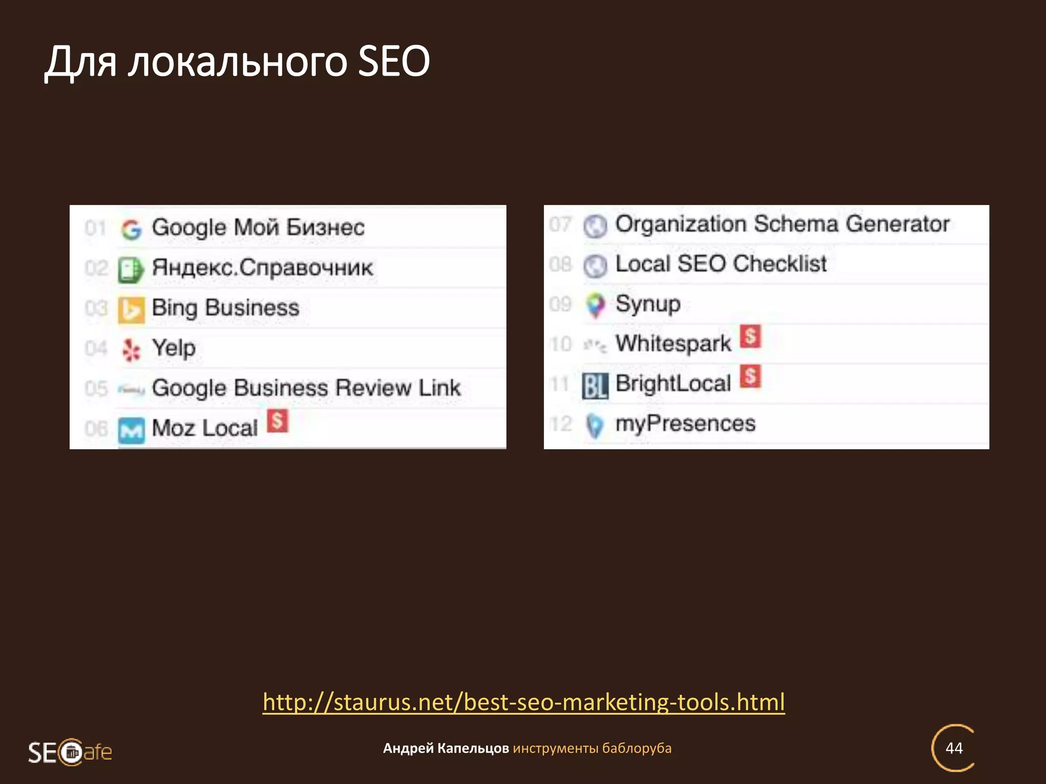 Для локального SEO
Андрей Капельцов инструменты баблоруба 44
http://staurus.net/best-seo-marketing-tools.html
 