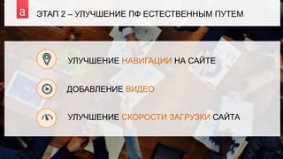ЭТАП 2 – УЛУЧШЕНИЕ ПФ ЕСТЕСТВЕННЫМ ПУТЕМ
УЛУЧШЕНИЕ СКОРОСТИ ЗАГРУЗКИ САЙТА
УЛУЧШЕНИЕ НАВИГАЦИИ НА САЙТЕ
ДОБАВЛЕНИЕ ВИДЕО
14
 