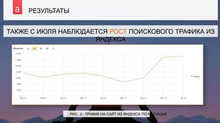 РЕЗУЛЬТАТЫ
24
ТАКЖЕ С ИЮЛЯ НАБЛЮДАЕТСЯ РОСТ ПОИСКОВОГО ТРАФИКА ИЗ
ЯНДЕКСА
РИС. 2– ТРАФИК НА САЙТ ИЗ ЯНДЕКСА ПО МЕСЯЦАМ
 