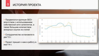 > Продвигался крупным SEO-
агентством с использованием
собственной сети сателлитов, а
также большим количеством
анкорных ссылок из статей
> Сотрудничество остановили в
дек’13 г.
> Проект пришел к нам в работу в
июл’14 г.
9
ИСТОРИЯ ПРОЕКТА
 
