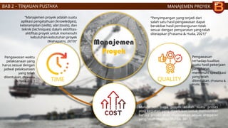 MANAJEMEN PROYEK
Manajemen
Proyek
QUALITY
TIME
“Manajemen proyek adalah suatu
aplikasi pengetahuan (knowledges),
keterampilan (skills), alat (tools), dan
teknik (techniques) dalam akitifitas-
aktifitas proyek untuk memenuhi
kebutuhan-kebutuhan proyek
(Mahapatni, 2019)”
“Penyimpangan yang terjadi dari
salah satu hasil pengawasan dapat
berakibat hasil pembangunan tidak
sesuai dengan persyaratan yang telah
ditetapkan (Pratama & Huda, 2021)”
Pengawasan
terhadap kualitas
suatu hasil pekerjaan
yang harus
memenuhi spesifikasi
yang telah
ditentukan. (Pratama &
Huda, 2021)
Manajemen biaya proyek adalah suatu proses
atau kegiatan yang diperlukan untuk memastikan
bahwa proyek akan diselesaikan sesuai anggaran
yang telah disetujui (Purba, 2017)
Pengawasan waktu
pelaksanaan yang
harus sesuai dengan
jadwal pelaksanaan
yang telah
ditentukan. (Pratama
& Huda, 2021)
BAB 2 – TINJAUAN PUSTAKA
 