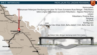 Jembatan Siak, dengan bentang total 214,5 meter.
Nama paket:
Pelaksanaan Pekerjaan Pembangunan Jalan Tol Trans Sumatera Ruas Rengat – Pekanbaru
Seksi Lingkar Pekanbaru (Junction Pekanbaru – Bypass Pekanbaru)
Lokasi:
Pekanbaru, Provinsi Riau
Panjang:
30,57km
Konfigurasi:
2 Jalur @2 Lajur lalu lintas 3,6m, Bahu dalam 1,5m, Bahu luar 3m
PROFIL JALAN TOL LINGKAR PEKANBARU
BAB 3 - METODOLOGI
 
