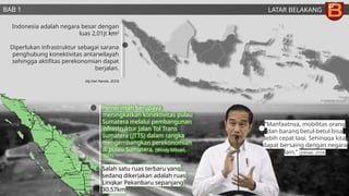LATAR BELAKANG
Indonesia adalah negara besar dengan
luas 2,01jt km2
Diperlukan infrastruktur sebagai sarana
penghubung konektivitas antarwilayah
sehingga aktifitas perekonomian dapat
berjalan.
(Aji Dwi Nanda, 2023)
Pemerintah berupaya
meningkatkan konektivitas pulau
Sumatera melalui pembangunan
infrastruktur Jalan Tol Trans
Sumatera (JTTS) dalam rangka
mengembangkan perekonomian
di pulau Sumatera. (Windy Mitsari,
2021)
Salah satu ruas terbaru yang
sedang dikerjakan adalah ruas
Lingkar Pekanbaru sepanjang
30,57km
BAB 1
“Manfaatnya, mobilitas orang
dan barang betul-betul bisa
lebih cepat lagi. Sehingga kita
dapat bersaing dengan negara
lain,” (Jokowi, 2024)
 
