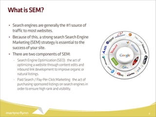 What is SEM?

•   Search engines are generally the #1 source of
    traffic to most websites.
•   Because of this, a strong search Search Engine
    Marketing (SEM) strategy is essential to the
    success of your site.
•   There are two components of SEM:
    - Search Engine Optimization (SEO): the act of
      optimizing a website through content edits and
      inbound link development to improve organic or
      natural listings.
    - Paid Search / Pay-Per-Click Marketing: the act of
      purchasing sponsored listings on search engines in
      order to ensure high rank and visibility.




                                                           4
 