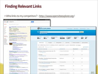 Finding Relevant Links

• Who links to my competitors? - http://www.opensiteexplorer.org/




                                                                         41
                                                                     Source:
                                                                    SEOmoz
 