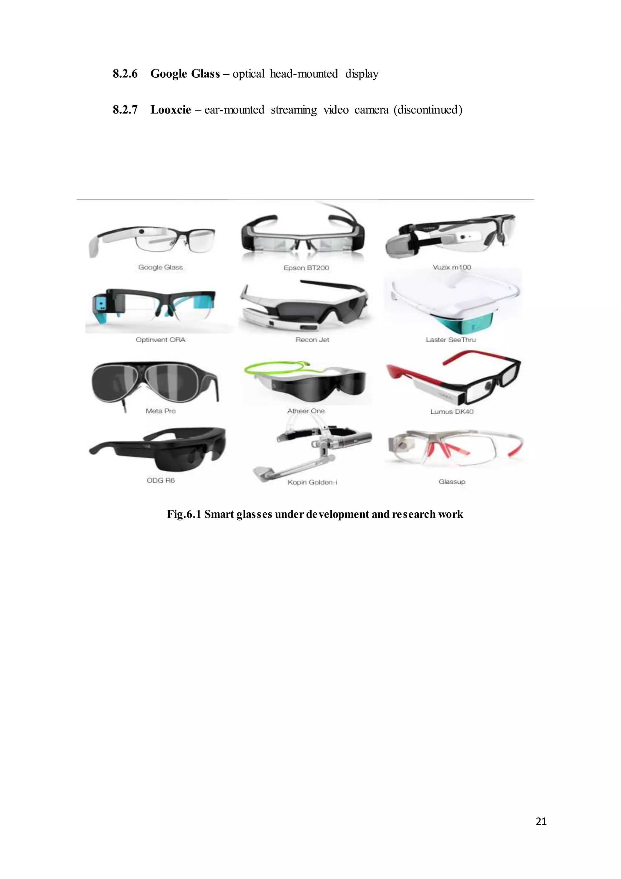 21
8.2.6 Google Glass – optical head-mounted display
8.2.7 Looxcie – ear-mounted streaming video camera (discontinued)
Fig.6.1 Smart glasses under development and research work
 