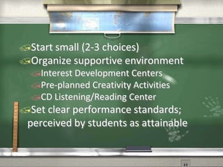 Supporting Self-RegulationSuns and CloudsTeacher moving around the classroomHave students use post-its when they have a question about a wordStudents who are really struggling:Personal timer (10 minutes)Listen to books on CDGet up, get a drink, stretch