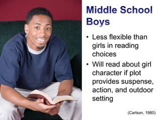 Middle School ReadersPeriod of transitionLess time for leisure readingMove to young adult sectionMay read only one genreFantasyRomance(Herald, 1997)