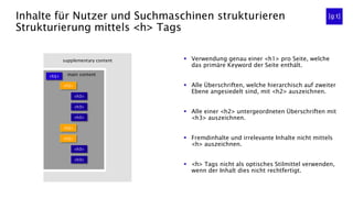 Inhalte für Nutzer und Suchmaschinen strukturieren
Strukturierung mittels <h> Tags
▪ Verwendung genau einer <h1> pro Seite, welche
das primäre Keyword der Seite enthält.
▪ Alle Überschriften, welche hierarchisch auf zweiter
Ebene angesiedelt sind, mit <h2> auszeichnen.
▪ Alle einer <h2> untergeordneten Überschriften mit
<h3> auszeichnen.
▪ Fremdinhalte und irrelevante Inhalte nicht mittels
<h> auszeichnen.
▪ <h> Tags nicht als optisches Stilmittel verwenden,
wenn der Inhalt dies nicht rechtfertigt.
supplementary content
<h2>
<h3>
<h3>
<h3>
<h2>
<h2>
<h3>
<h3>
<h1> main content
 