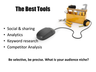 Tools to Measure 
• Klout 
• Google Analytics 
• Twittercounter.com 
• trendcounter.com 
 