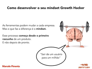 Marcelo Pimenta
Como desenvolver o seu mindset Growth Hacker
As ferramentas podem mudar a cada empresa.
Mas o que faz a diferença é o mindset.
Esse processo começa desde o primeiro
rascunho de um produto.
E não depois de pronto.
"Sair de um usuário
para um milhão"
 