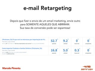 Marcelo Pimenta
e-mail Retargeting
Depois que fizer o envio de um email marketing, envie outro
para SOMENTE AQUELES QUE ABRIRAM.
Sua taxa de conversão pode ser espantosa!
 