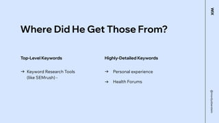 Where Did He Get Those From?
Keyword Research Tools
(like SEMrush) -
Personal experience
Health Forums
Top-Level Keywords ...