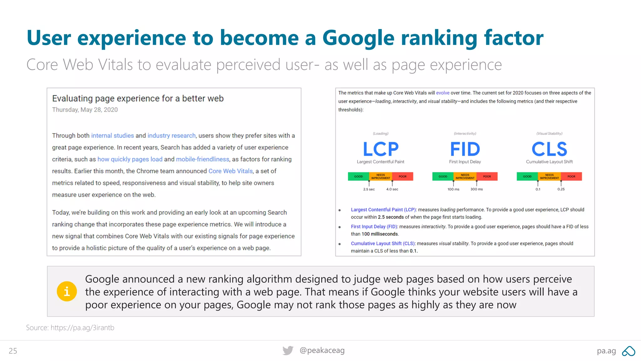 pa.ag@peakaceag25
User experience to become a Google ranking factor
Core Web Vitals to evaluate perceived user- as well as page experience
Source: https://pa.ag/3irantb
Google announced a new ranking algorithm designed to judge web pages based on how users perceive
the experience of interacting with a web page. That means if Google thinks your website users will have a
poor experience on your pages, Google may not rank those pages as highly as they are now
i
 