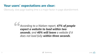 pa.ag@peakaceag21
Your users’ expectations are clear:
Obviously, slow page loading time is a major factor in page abandonment.
According to a Nielsen report, 47% of people
expect a website to load within two
seconds, and 40% will leave a website if it
does not load fully within three seconds.
 