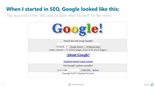 pa.ag@peakaceag5
When I started in SEO, Google looked like this:
This was end of the ‘90s, and Google! Was! Excited! To! B...