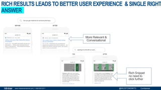 Confidentialwww.milestoneinternet.com | 1-408-200-2211 @MILESTONEMKTG
RICHRESULTS LEADSTOBETTER USER EXPERIENCE &SINGLE RIGHT
ANSWER
Rich Snippet
no need to
click further
More Relevant &
Conversational
 