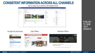 Confidentialwww.milestoneinternet.com | 1-408-200-2211 @MILESTONEMKTG
CONSISTENT INFORMATIONACROSSALLCHANNELS
PUBLISH
TO GMB
YELP
WEBSITE
Google My Business Yelp Offers Website Offers
RICH AND ACCURATE INFORMATION
 
