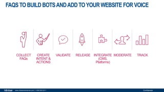 Confidentialwww.milestoneinternet.com | 1-408-200-2211
FAQSTOBUILDBOTSANDADDTOYOURWEBSITE FOR VOICE
COLLECT
FAQs
CREATE
INTENT &
ACTIONS
VALIDATE RELEASE INTEGRATE
(CMS,
Platforms)
MODERATE TRACK
 