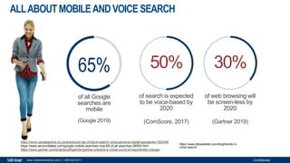 Confidentialwww.milestoneinternet.com | 1-408-200-2211
ALLABOUTMOBILEANDVOICE SEARCH
50%
of search is expected
to be voice-based by
2020
(ComScore, 2017)
30%
of web browsing will
be screen-less by
2020
(Gartner 2019)
https://www.campaignlive.co.uk/article/just-say-it-future-search-voice-personal-digital-assistants/1392459
https://www.seroundtable.com/google-mobile-searches-now-65-of-all-searches-28003.html
https://www.gartner.com/smarterwithgartner/gartner-predicts-a-virtual-world-of-exponential-change/
65%
of all Google
searches are
mobile
(Google 2019)
https://www.dbswebsite.com/blog/trends-in-
voice-search/
 