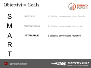 2222
Obiettivi = Goals
@Indioimperator
S SPECIFIC L’obiettivo deve essere quantificabile
M
A
R
T
MEASURABLE
ATTAINABLE
L’obiettivo deve essere misurabile
L’obiettivo deve essere realistico
 