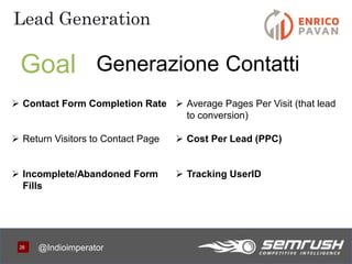 2828
Lead Generation
@Indioimperator
Goal Generazione Contatti
 Contact Form Completion Rate  Average Pages Per Visit (that lead
to conversion)
 Return Visitors to Contact Page  Cost Per Lead (PPC)
 Incomplete/Abandoned Form
Fills
 Tracking UserID
 