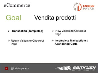 3131
eCommerce
@Indioimperator
Goal Vendita prodotti
 Transaction (completed)
 Return Visitors to Checkout
Page
 New Visitors to Checkout
Page
 Incomplete Transactions /
Abandoned Carts
 