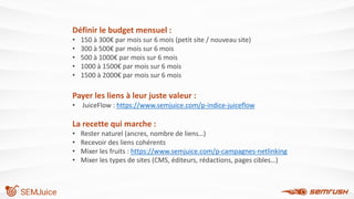 Définir le budget mensuel :
• 150 à 300€ par mois sur 6 mois (petit site / nouveau site)
• 300 à 500€ par mois sur 6 mois
• 500 à 1000€ par mois sur 6 mois
• 1000 à 1500€ par mois sur 6 mois
• 1500 à 2000€ par mois sur 6 mois
Payer les liens à leur juste valeur :
• JuiceFlow : https://www.semjuice.com/p-indice-juiceflow
La recette qui marche :
• Rester naturel (ancres, nombre de liens…)
• Recevoir des liens cohérents
• Mixer les fruits : https://www.semjuice.com/p-campagnes-netlinking
• Mixer les types de sites (CMS, éditeurs, rédactions, pages cibles…)
 