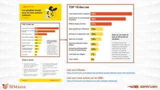 Lien vers l’étude :
https://fr.semrush.com/blog/etude-penalites-google-detecter-gerer-liens-artificiels/
Lien vers mon article sur les PBN :
https://fr.semrush.com/blog/inclure-pbn-strategie-netlinking/
 