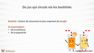 Du jus qui circule via les backlinks
Backlink = facteur de classement le plus important de Google
Ils transmettent :
• De la confiance
• De la popularité
 