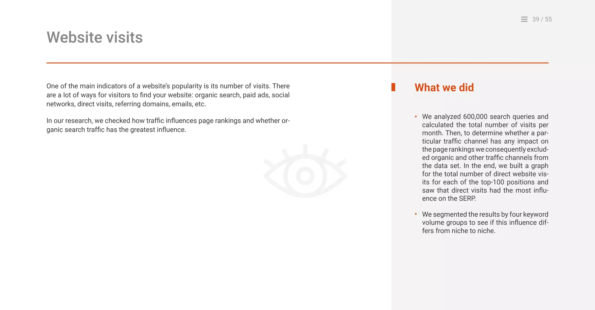 39 / 55
Website visits
One of the main indicators of a website’s popularity is its number of visits. There
are a lot of ways for visitors to find your website: organic search, paid ads, social
networks, direct visits, referring domains, emails, etc.
In our research, we checked how traffic influences page rankings and whether or-
ganic search traffic has the greatest influence.
What we did
We analyzed 600,000 search queries and
calculated the total number of visits per
month. Then, to determine whether a par-
ticular traffic channel has any impact on
thepagerankingsweconsequentlyexclud-
ed organic and other traffic channels from
the data set. In the end, we built a graph
for the total number of direct website vis-
its for each of the top-100 positions and
saw that direct visits had the most influ-
ence on the SERP.
We segmented the results by four keyword
volume groups to see if this influence dif-
fers from niche to niche.
▪
▪
 