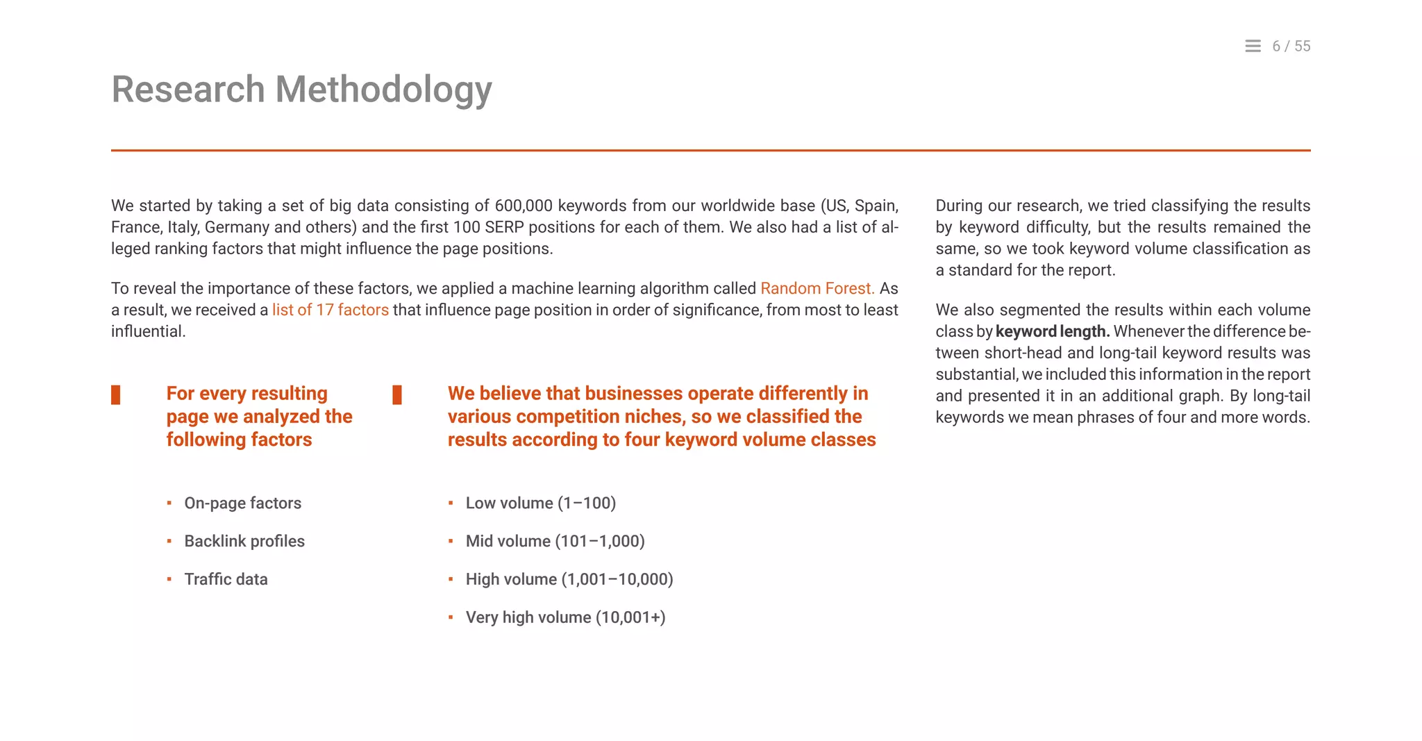 6 / 55
Research Methodology
We started by taking a set of big data consisting of 600,000 keywords from our worldwide base (US, Spain,
France, Italy, Germany and others) and the first 100 SERP positions for each of them. We also had a list of al-
leged ranking factors that might influence the page positions.
To reveal the importance of these factors, we applied a machine learning algorithm called Random Forest. As
a result, we received a list of 17 factors that influence page position in order of significance, from most to least
influential.
For every resulting
page we analyzed the
following factors
We believe that businesses operate differently in
various competition niches, so we classified the
results according to four keyword volume classes
Low volume (1–100)
Mid volume (101–1,000)
High volume (1,001–10,000)
Very high volume (10,001+)
On-page factors
Backlink profiles
Traffic data
▪
▪
▪
▪
▪
▪
▪
During our research, we tried classifying the results
by keyword difficulty, but the results remained the
same, so we took keyword volume classification as
a standard for the report.
We also segmented the results within each volume
class by keyword length. Whenever the difference be-
tween short-head and long-tail keyword results was
substantial, we included this information in the report
and presented it in an additional graph. By long-tail
keywords we mean phrases of four and more words.
 