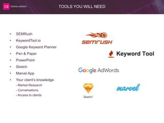 TOOLS YOU WILL NEED
• SEMRush
• KeywordTool.io
• Google Keyword Planner
• Pen & Paper
• PowerPoint
• Sketch
• Marvel App
• Your client’s knowledge
- Market Research
- Conversations
- Access to clients
 