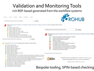 Validation and MonitoringTools
rich RDF-based generated from the workflow systems
Bespoke tooling, SPIN-based checking
 