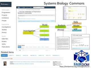 Investigation
Study Analysis
Data
Model
SOP(Assay)
https://fairdomhub.org/investigations/56
Systems Biology Commons
 