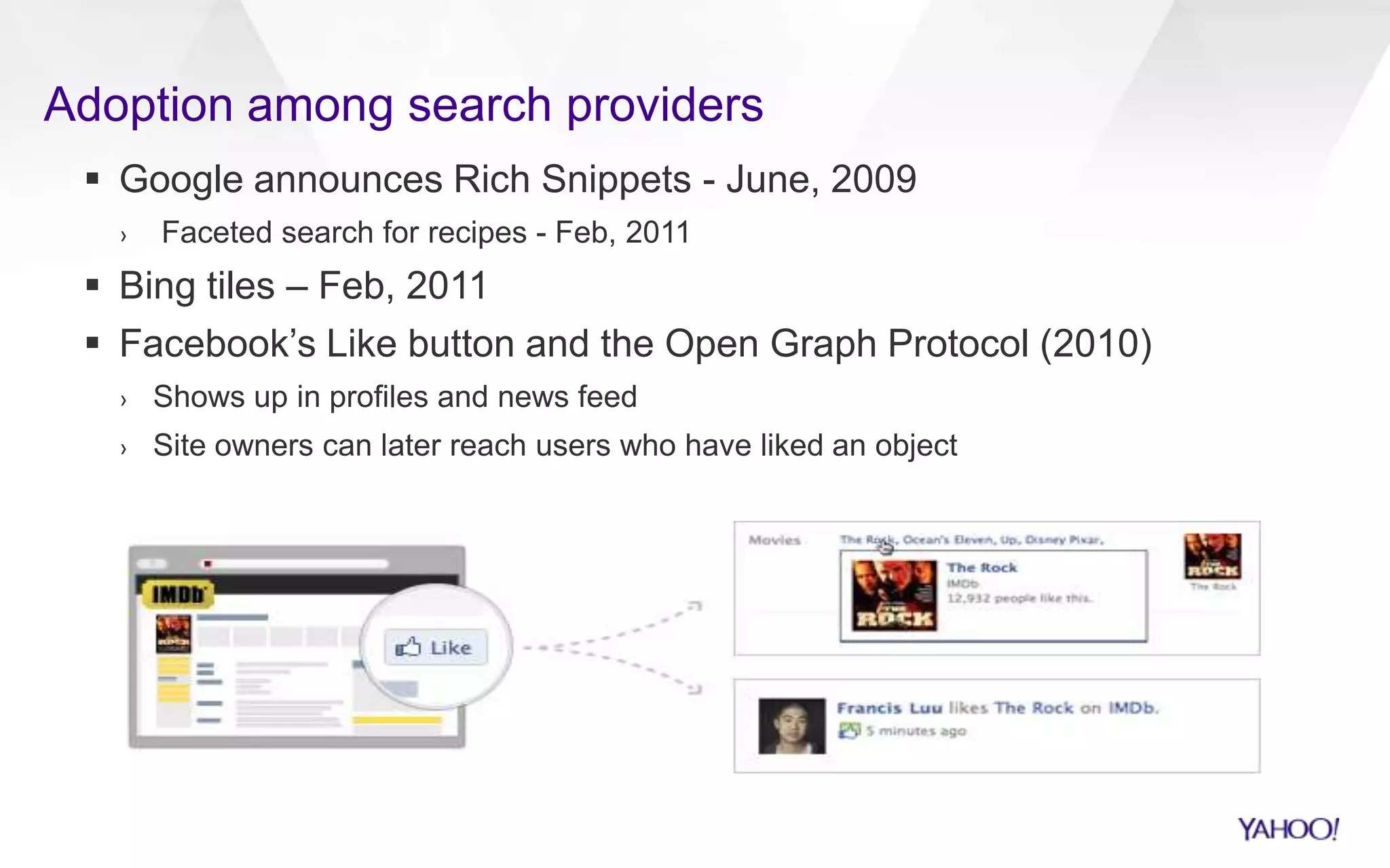 Adoption among search providers
 Google announces Rich Snippets - June, 2009
› Faceted search for recipes - Feb, 2011
 Bing tiles – Feb, 2011
 Facebook‟s Like button and the Open Graph Protocol (2010)
› Shows up in profiles and news feed
› Site owners can later reach users who have liked an object
 
