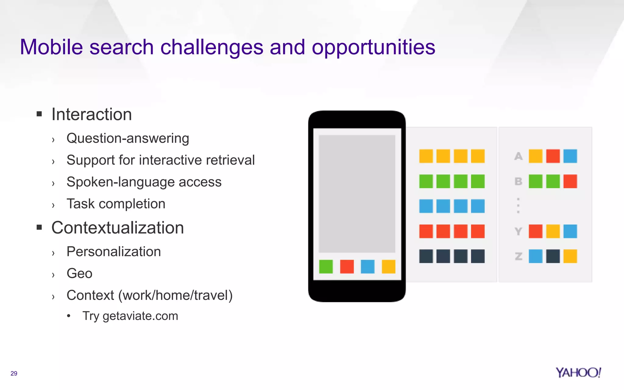 Mobile search challenges and opportunities
29
 Interaction
› Question-answering
› Support for interactive retrieval
› Spoken-language access
› Task completion
 Contextualization
› Personalization
› Geo
› Context (work/home/travel)
• Try getaviate.com
 