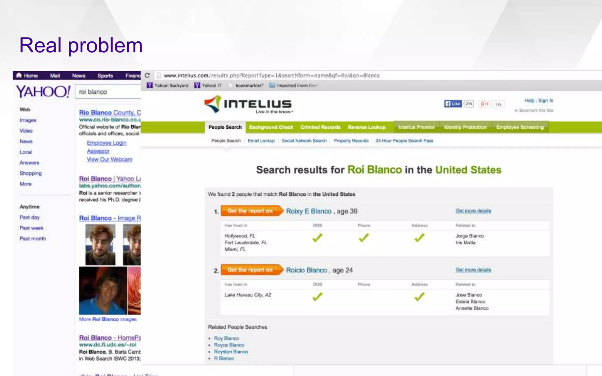 Real problem 
We found (some) Roi Blanco (maybe) 
Diversification 
 