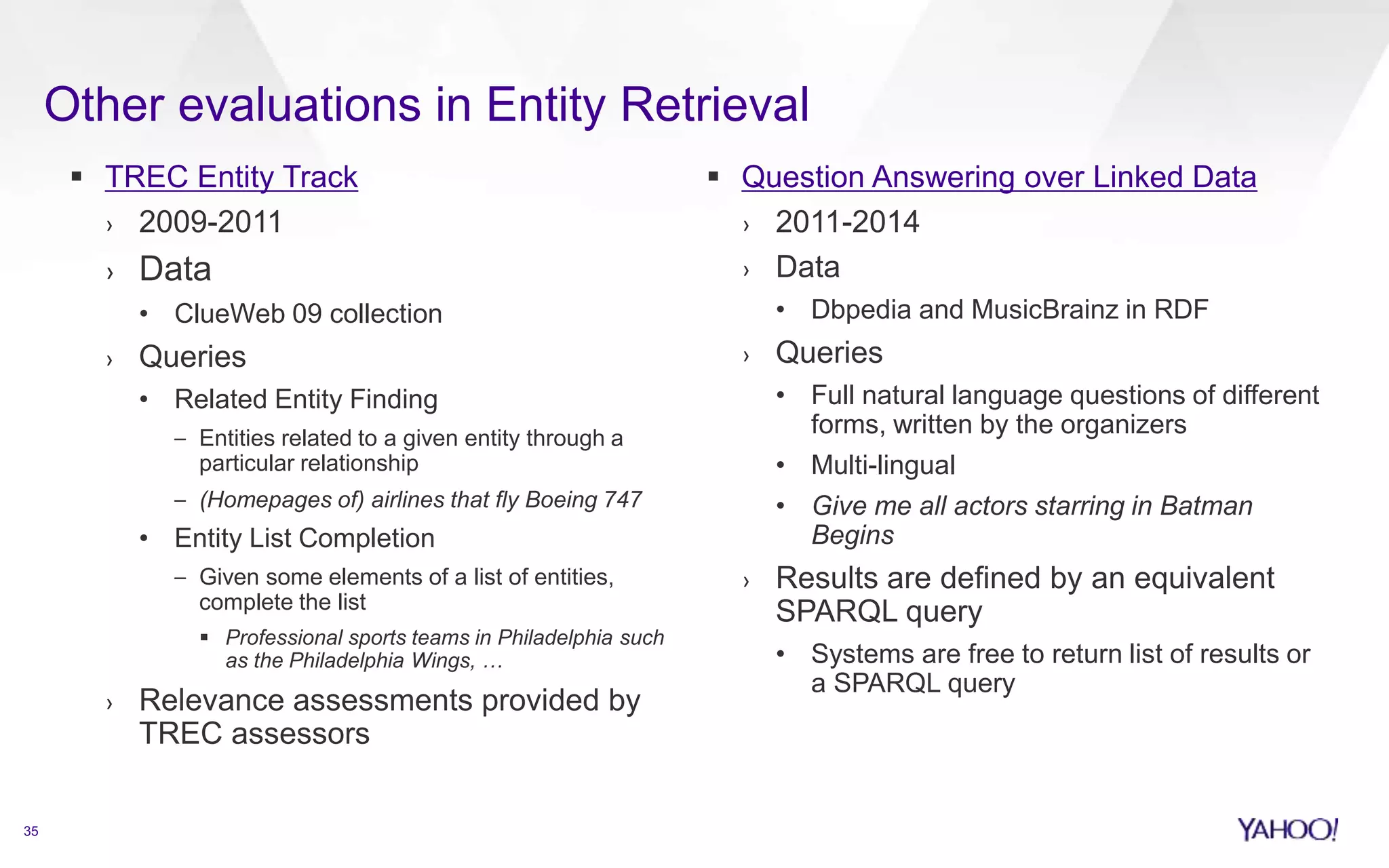 Other evaluations in Entity Retrieval 
 TREC Entity Track 
› 2009-2011 
› Data 
• ClueWeb 09 collection 
› Queries 
• Related Entity Finding 
– Entities related to a given entity through a 
particular relationship 
– (Homepages of) airlines that fly Boeing 747 
• Entity List Completion 
– Given some elements of a list of entities, 
complete the list 
 Professional sports teams in Philadelphia such 
as the Philadelphia Wings, … 
› Relevance assessments provided by 
TREC assessors 
 Question Answering over Linked Data 
› 2011-2014 
› Data 
• Dbpedia and MusicBrainz in RDF 
› Queries 
• Full natural language questions of different 
forms, written by the organizers 
• Multi-lingual 
• Give me all actors starring in Batman 
Begins 
› Results are defined by an equivalent 
SPARQL query 
• Systems are free to return list of results or 
a SPARQL query 
35 
