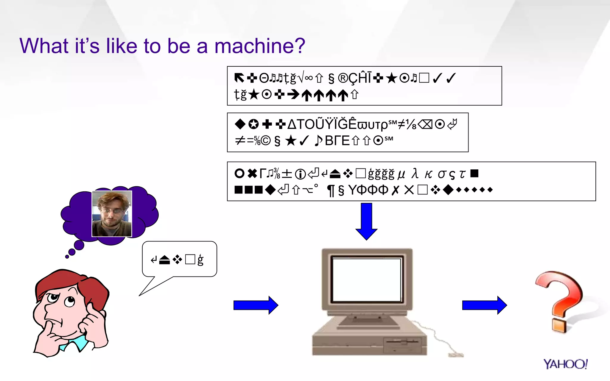 What it’s like to be a machine? 
↵⏏☐ģ 
✜Θ♬♬ţğ√∞§®ÇĤĪ✜★♬☐✓✓ 
ţğ★✜ 
✪✚✜ΔΤΟŨŸÏĞÊϖυτρ℠≠⅛⌫ 
≠=⅚©§★✓♪ΒΓΕ℠ 
✖Γ♫⅜±⏎↵⏏☐ģğğğμλκσςτ 
⏎⌥°¶§ΥΦΦΦ✗✕☐ 
 