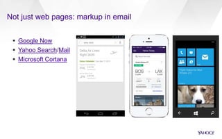 Not just web pages: markup in email
 Google Now
 Yahoo Search/Mail
 Microsoft Cortana
 