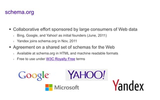 schema.org
 Collaborative effort sponsored by large consumers of Web data
› Bing, Google, and Yahoo! as initial founders (June, 2011)
› Yandex joins schema.org in Nov, 2011
 Agreement on a shared set of schemas for the Web
› Available at schema.org in HTML and machine readable formats
› Free to use under W3C Royalty Free terms
 