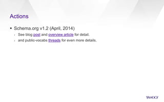 Actions
 Schema.org v1.2 (April, 2014)
› See blog post and overview article for detail.
› and public-vocabs threads for even more details.
 