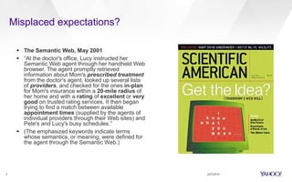  The Semantic Web, May 2001
 “At the doctor's office, Lucy instructed her
Semantic Web agent through her handheld Web
browser. The agent promptly retrieved
information about Mom's prescribed treatment
from the doctor's agent, looked up several lists
of providers, and checked for the ones in-plan
for Mom's insurance within a 20-mile radius of
her home and with a rating of excellent or very
good on trusted rating services. It then began
trying to find a match between available
appointment times (supplied by the agents of
individual providers through their Web sites) and
Pete's and Lucy's busy schedules.”
 (The emphasized keywords indicate terms
whose semantics, or meaning, were defined for
the agent through the Semantic Web.)
3/27/20157
Misplaced expectations?
 