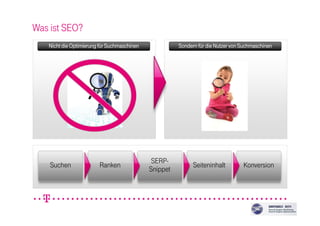 Was ist SEO?
Nicht die Optimierung für SuchmaschinenNicht die Optimierung für SuchmaschinenNicht die Optimierung für SuchmaschinenNicht die Optimierung für Suchmaschinen Sondern für die Nutzer von SuchmaschinenSondern für die Nutzer von SuchmaschinenSondern für die Nutzer von SuchmaschinenSondern für die Nutzer von Suchmaschinen
Suchen Ranken
SERP-
Snippet
Seiteninhalt Konversion
 