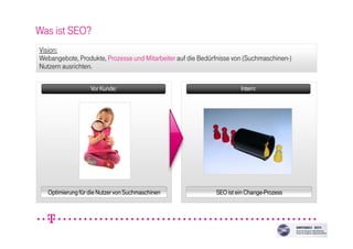 Vision:
Webangebote, Produkte, Prozesse und Mitarbeiter auf die Bedürfnisse von (Suchmaschinen-)
Nutzern ausrichten.
Was ist SEO?
Vor Kunde:Vor Kunde:Vor Kunde:Vor Kunde: Intern:Intern:Intern:Intern:
Optimierung für die Nutzer von SuchmaschinenOptimierung für die Nutzer von SuchmaschinenOptimierung für die Nutzer von SuchmaschinenOptimierung für die Nutzer von Suchmaschinen SEO ist ein ChangeSEO ist ein ChangeSEO ist ein ChangeSEO ist ein Change----ProzessProzessProzessProzess
 