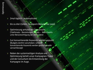 Optimierung




              » 2mal täglich - automatisiert

              » bis zu drei Zyklen; (in diesem Beispiel nur zwei)

              » Optimierung anhand der Conversions
                 (Telefonate – Bestellungen – Mails – Web-Events;
                 unter Berücksichtigung der Zeitpunkte)

              » Gut konvertierende Keywords werden gepusht
                 (Budgets dorthin verschoben; schlecht
                 konvertierende Keywords werden gestrichen oder
                 vernachlässigt)

              » Neben der systemseitigen Analyse und
                Optimierung behält unser Kampagnen-Team
                und der Consultant die Entwicklung der
                Kampagne im Auge.
 