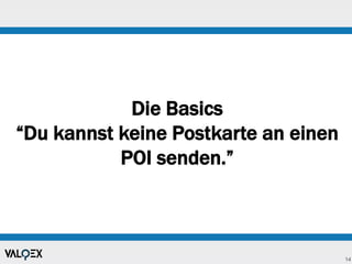 14
Die Basics
“Du kannst keine Postkarte an einen
POI senden.”
 