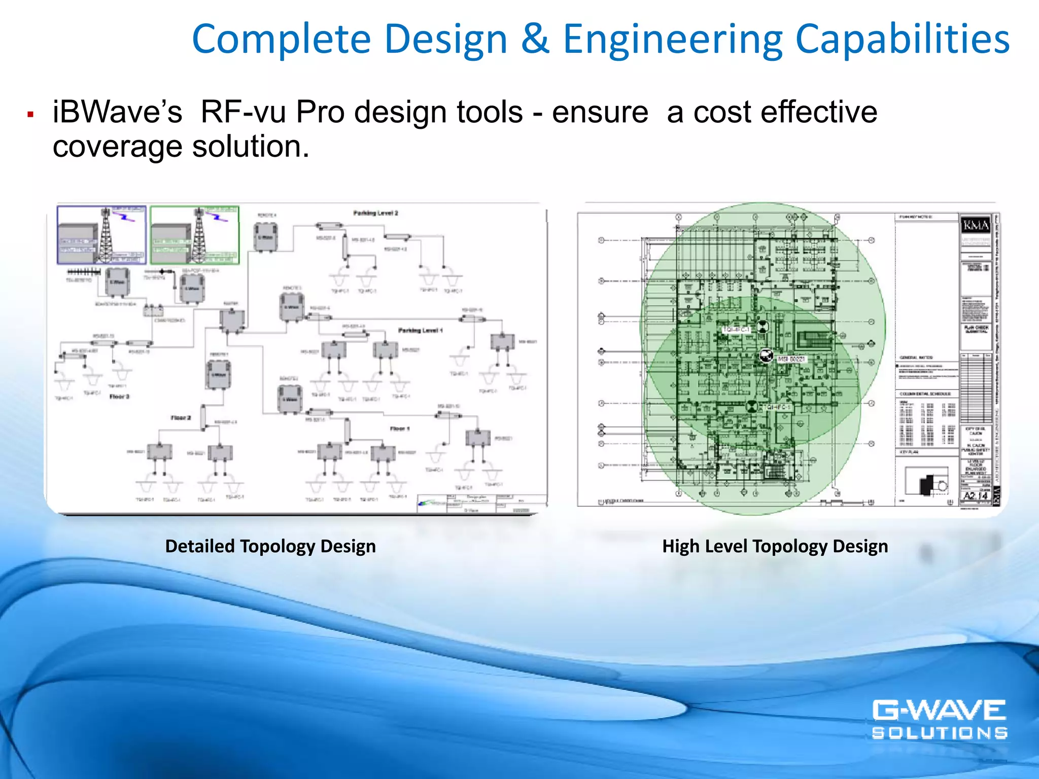 Complete Design & Engineering Capabilities
▪   iBWave’s RF-vu Pro design tools - ensure a cost effective
    coverage solution.




           Detailed Topology Design           High Level Topology Design
 