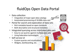 ﬂuidOps	
  Open	
  Data	
  Portal	
  
•  Data	
  collec&on	
  

•  Integra&on	
  of	
  major	
  open	
  data	
  catalogs	
  
•  Automated	
  provisioning	
  of	
  10.000s	
  data	
  sets	
  

•  Portal	
  for	
  search	
  and	
  explora&on	
  of	
  data	
  sets	
  
•  Rich	
  metadata	
  based	
  on	
  open	
  standards	
  
•  Both	
  descrip&ve	
  and	
  structural	
  metadata	
  

•  Integrated	
  querying	
  across	
  interlinked	
  data	
  sets	
  
•  Easy	
  to	
  use	
  queries	
  against	
  mul&ple	
  data	
  sets	
  
•  Using	
  federa&on	
  technologies	
  

•  Self-­‐service	
  UI	
  

•  Custom	
  queries	
  and	
  visualiza&ons	
  
•  Widgets,	
  dashboarding,	
  etc.	
  

WORLD BANK

 